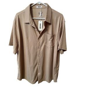 Coofandy Mens XL Tan Waffle Knit Short Sleeve Button Down Shirt Camp Collar NEW